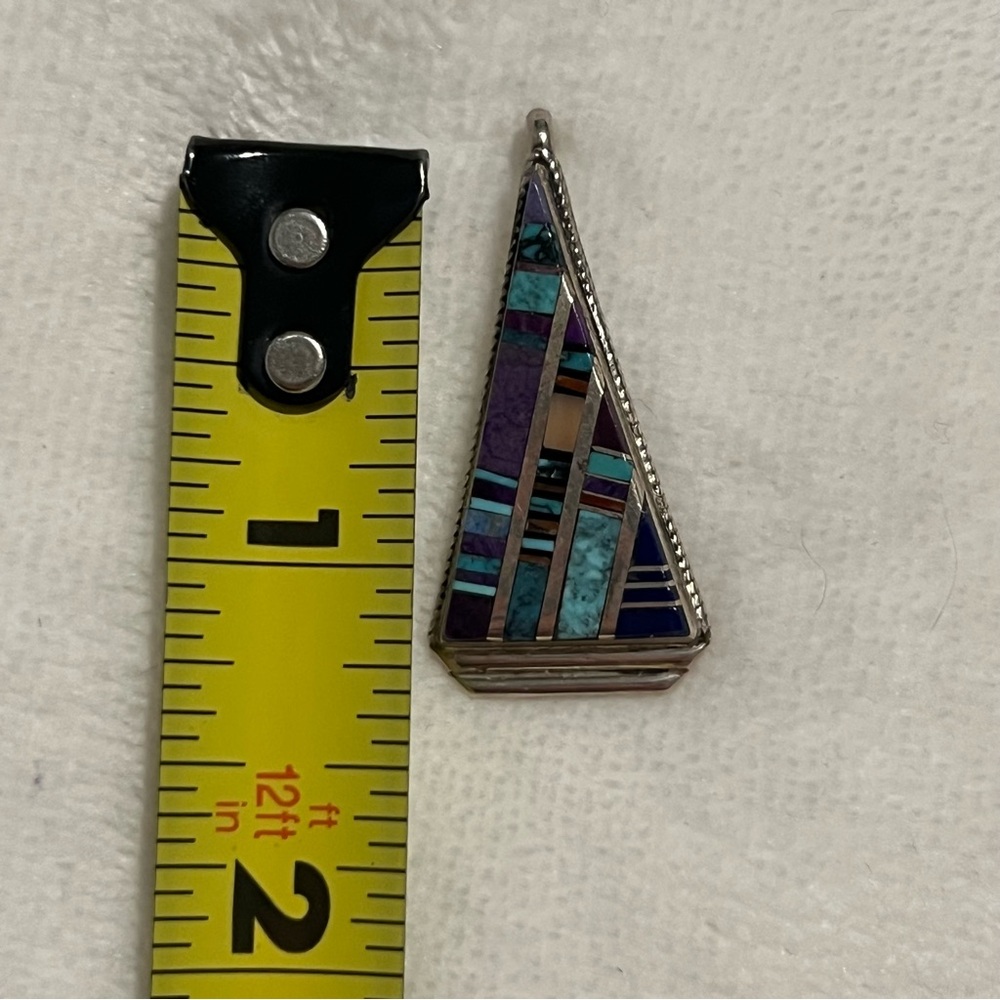 Vintage Signed Zuni Navajo Triangle Inlay Pendant (Silver) Blue Purple Mosaic